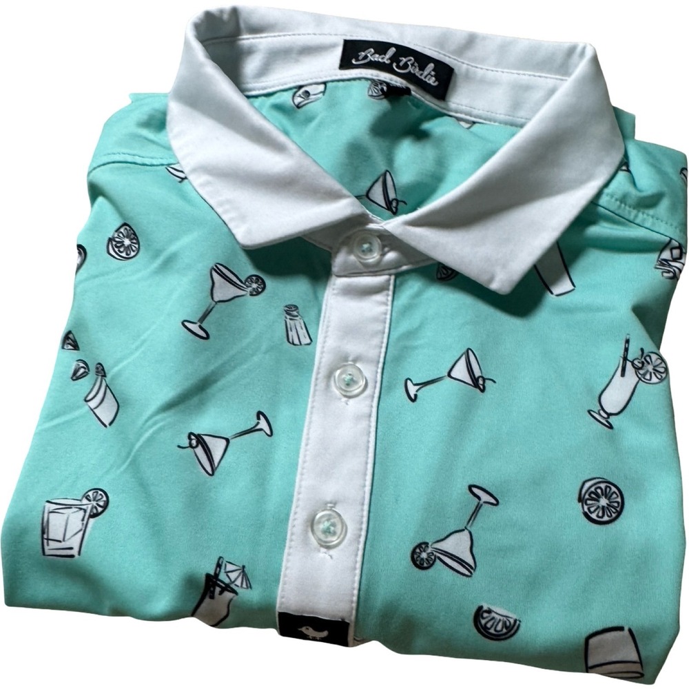 Bad Birdie Golf Polo Mens Large Mint Green Cocktail Drink Print Good Condition